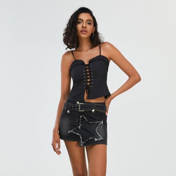 Women's Denim Skirt Vintage Star Patchwork Party Club Jean Skorts Skirts - Picture 4 of 5